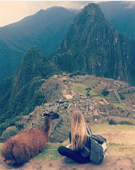 Aussicht auf die grünen Felsen des Machu Pichu. Im Fordergrund sitzt eine blonde junge Frau mit einem Rucksack im Schneidersitz und genießt die Aussicht. neben ihr liegt ein Alpaka und genießt ebenfalls die Aussicht.